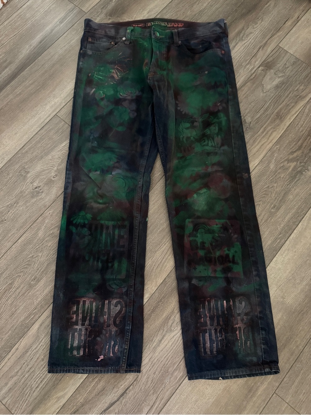 Hand Painted Upcycled Grunge Boyfriend Jeans Low Rise Slouchy Fit Sz 12 / 14